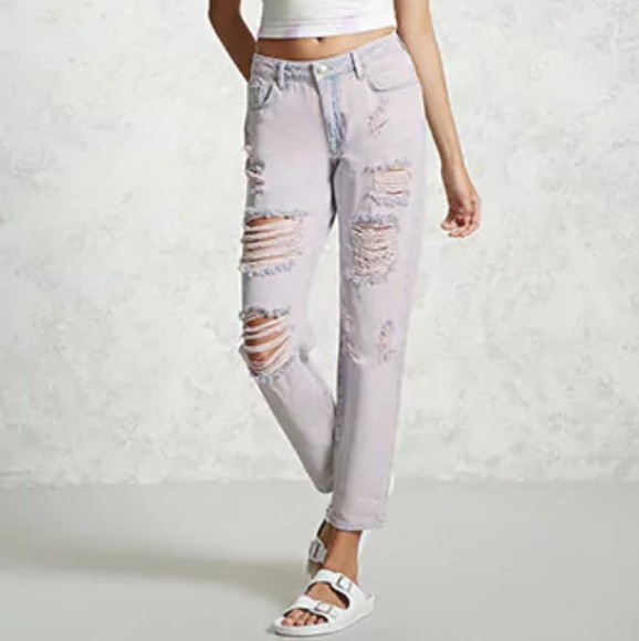 Forever 21 Denim - Faded Pink Distressed Denim Boyfriend Jeans